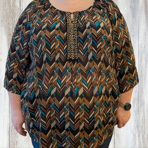 Catherines Brown and Black Embellished Blouse 3/4 Sleeve Relaxed Fit